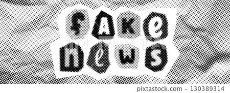 Fake news halftone background concept. Comic style text collage on crumpled paper. Retro pixel backdrop of false facts, misinformation, propaganda, post truth, misconception. Vector vintage newspaper 130389314