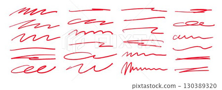 Red hand drawn brush strokes set. Sketched doodle scrawl lines collection. Zig zag, wavy squiggle scribble stripes pack. Red marker note signs for mark, emphasis, accent, highlight. Vector 130389320