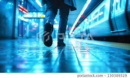 The feet of a businessman walking on the subway platform 130389329