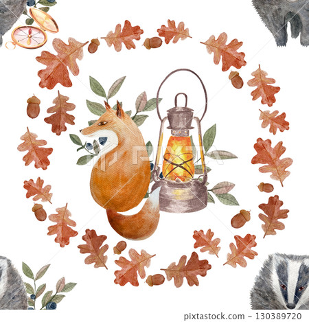 Fox, badger, vintage lantern, oak leaves, acorns, and autumn foliage seamless watercolor pattern on white background, perfect for fabric prints, children products, stationery, seasonal autumn decor Fox, badger, vintage lantern, oak leaves, acorns, and autumn foliage seamless watercolor pattern on white background, perfect for fabric prints, children products, stationery, seasonal autumn decor 130389720
