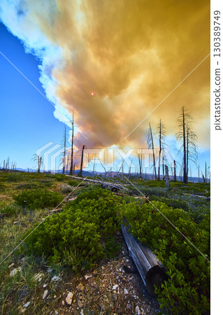 Forest Fire Smoke and Burned Trees Under Sun in Utah Wildland 130389749
