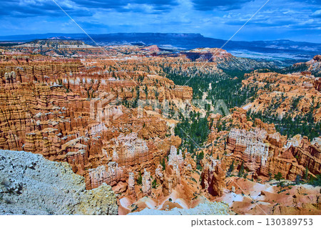 Bryce Canyon Hoodoo Formations and Pine Trees Under Blue Sky Panoramic View Bryce Canyon Hoodoo Formations and Pine Trees Under Blue Sky Panoramic View 130389753