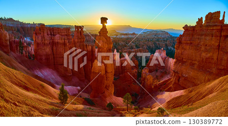 Bryce Canyon Thor's Hammer Hoodoo at Sunrise With Sunburst and Colorful Panorama 130389772