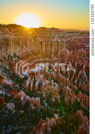 Bryce Canyon Hoodoos at Sunset with Sunburst and Golden Hour Light from Bryce Point Bryce Canyon Hoodoos at Sunset with Sunburst and Golden Hour Light from Bryce Point 130389790