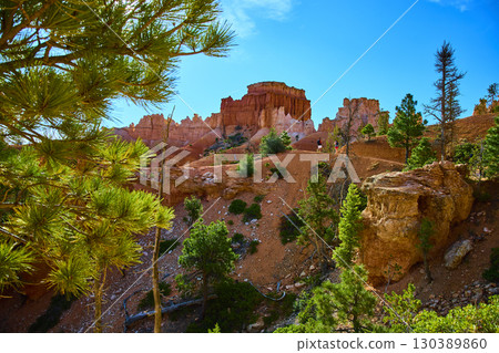 Bryce Canyon Hoodoos and Pine Trees with Hikers on Peekaboo Loop Trail Utah Bryce Canyon Hoodoos and Pine Trees with Hikers on Peekaboo Loop Trail Utah 130389860