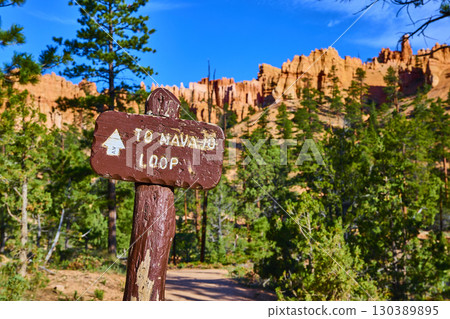 Trail Sign and Hoodoo Formations in Bryce Canyon National Park Utah 130389895