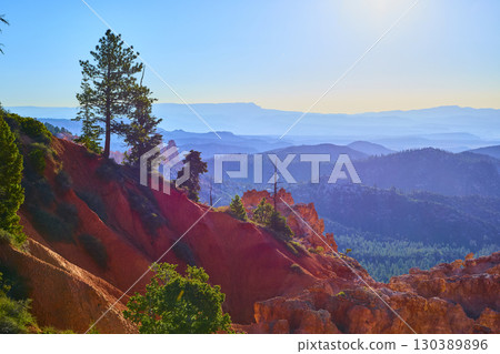 Bryce Canyon Red Rock Cliffs and Pine Trees Overlooking Mountain Vista 130389896