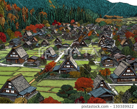 被紅葉包圍的白川鄉合掌屋插圖 130389922