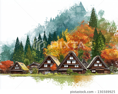 Illustration of Shirakawa-go Gassho-zukuri houses surrounded by autumn leaves 130389925