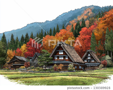 被紅葉包圍的白川鄉合掌屋插圖 130389928
