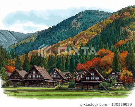 Illustration of Shirakawa-go Gassho-zukuri houses surrounded by autumn leaves 130389929