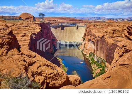 Glen Canyon Dam Colorado River Red Sandstone Cliffs Aerial Overlook 130390162