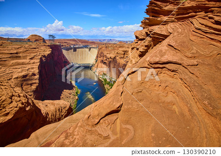 Glen Canyon Dam Colorado River Red Sandstone Cliffs Wide Angle View 130390210