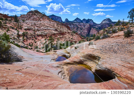 Red Sandstone Pools and Pinyon Pines in Desert Landscape Elevated View 130390220