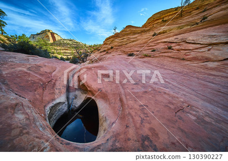 Sandstone Pools and Desert Cliffs with Mesa Reflection Ground Level Perspective Sandstone Pools and Desert Cliffs with Mesa Reflection Ground Level Perspective 130390227