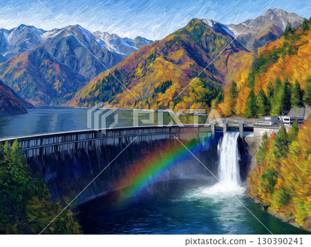 秋季黑部水壩旅遊放水插畫 130390241