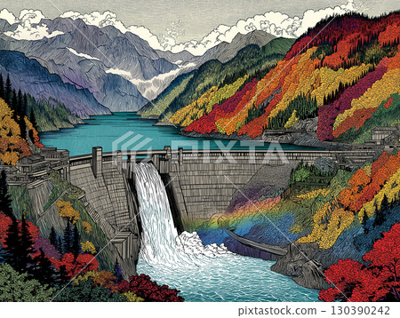 Kurobe Dam tourist water release illustration in autumn 130390242