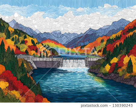 Kurobe Dam tourist water release illustration in autumn 130390243