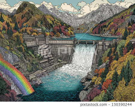秋季黑部水壩旅遊放水插畫 秋季黑部水壩旅遊放水插畫 130390244