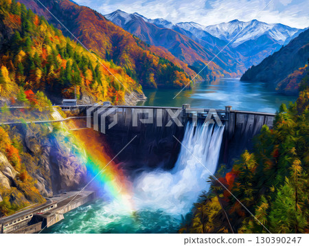 Kurobe Dam tourist water release illustration in autumn Kurobe Dam tourist water release illustration in autumn 130390247