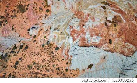 Aerial Swirling Red Rock Formations and Desert Vegetation Top Down Motion Aerial Swirling Red Rock Formations and Desert Vegetation Top Down Motion 130390256