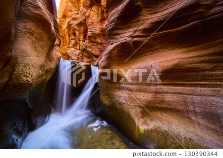 Kanarra Falls Waterfall Motion Slot Canyon Curves Eye Level Perspective 130390344