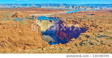Aerial Glen Canyon Dam Spanning Colorado River and Lake Powell Panorama Aerial Glen Canyon Dam Spanning Colorado River and Lake Powell Panorama 130390395