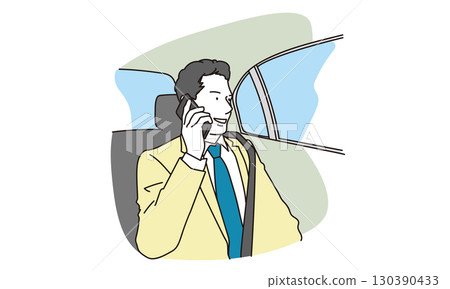 一位身穿西裝的男性商務人士在後座打電話的插畫素材 130390433