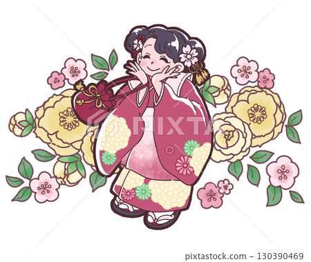 七五三節穿著傳統日式服裝的女孩插圖 七五三節穿著傳統日式服裝的女孩插圖 130390469