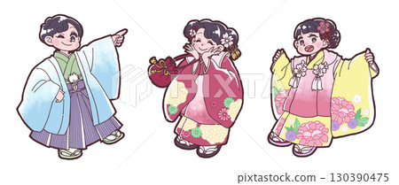 Illustration of children wearing traditional Japanese clothing for Shichi-Go-San 130390475