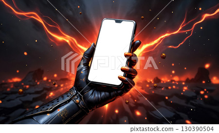 black robot hand holding mobile phone with white screen on fire and lava background 130390504