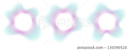 Sound equalizer icons with lines and dots, gradient neon circular sound wave frames, abstract radial music icons. 130390528