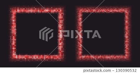 Red halftone frames, glowing square borders, pattern with dots, radial disco luxury design element. Red halftone frames, glowing square borders, pattern with dots, radial disco luxury design element. 130390532