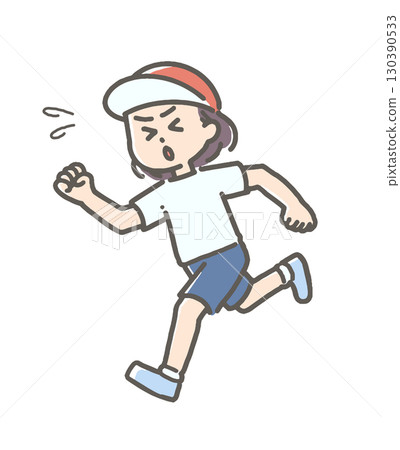 一個穿著運動服的女孩正在努力跑步。 一個穿著運動服的女孩正在努力跑步。 130390533
