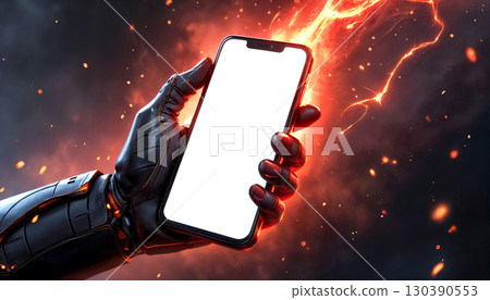black robot hand holding mobile phone with white screen on fire and sparks background 130390553