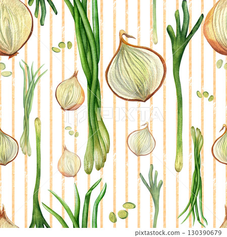Green onion, feathers, bulb, slices. Seamless pattern of watercolor illustrations with striped background. For wallpaper design, postcards, recipes  130390679