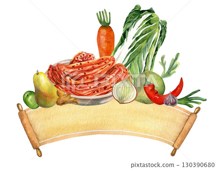 Kimchi vegetables and papyrus ribbon. Watercolor illustrations hand drawn isolated on transparent background. Chinese cabbage, onion, ginger, carrot, daikon and pepper. For kimchi holiday  130390680