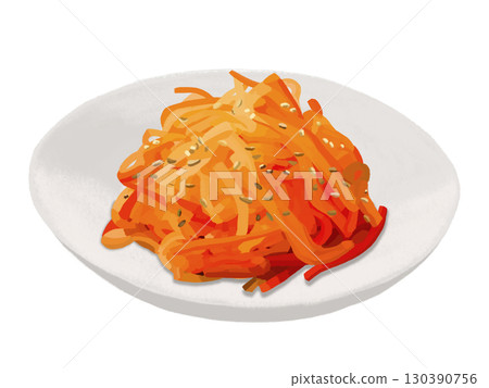 胡蘿蔔拌菜(盛於白色盤子中)配芝麻 胡蘿蔔拌菜(盛於白色盤子中)配芝麻 130390756