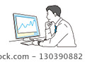 Illustration material of a business person with a thoughtful expression looking at a graph on a computer 130390882