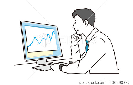 Illustration material of a business person with a thoughtful expression looking at a graph on a computer Illustration material of a business person with a thoughtful expression looking at a graph on a computer 130390882