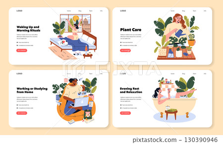 Vector illustration set depicting daily life activities. Scenes include waking up, plant care, working from home, and evening relaxation. Cheerful and focused expressions enhance the theme. 130390946