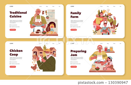 Vector illustration set depicting traditional cuisine preparation, family farm life, chicken coop management, and homemade jam making. Emphasizes rural lifestyle and family involvement. Vector illustration set depicting traditional cuisine preparation, family farm life, chicken coop management, and homemade jam making. Emphasizes rural lifestyle and family involvement. 130390947