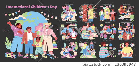 Vector illustration featuring children engaging in various joyful activities for International Children's Day. Includes playing, creating crafts, and organizing events, depicting happiness and 130390948