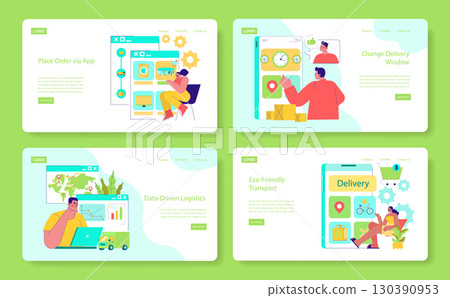Vector illustration highlighting logistics and delivery processes using mobile apps. Depicts individuals interacting with digital interfaces for order, scheduling, and eco-friendly transport solutions Vector illustration highlighting logistics and delivery processes using mobile apps. Depicts individuals interacting with digital interfaces for order, scheduling, and eco-friendly transport solutions 130390953