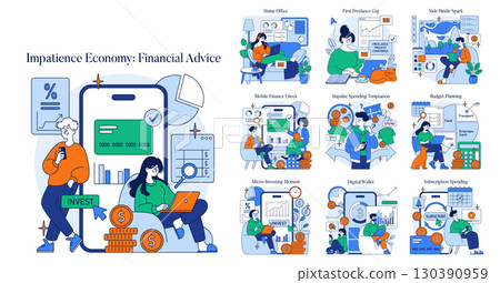Vector illustration set highlighting digital finance, featuring diverse scenarios like micro-investing and budget planning with characters using digital tools to manage finances. 130390959
