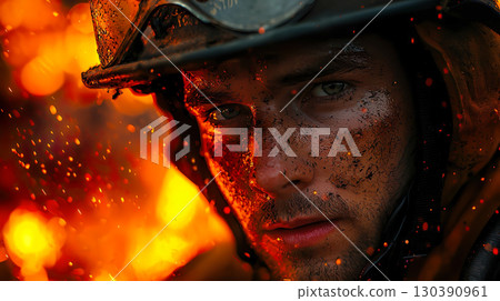 Close-up of a Caucasian male firefighter's face in flames 130390961