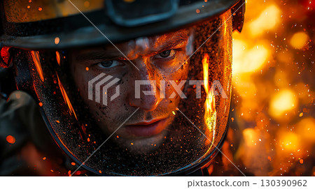 Close-up of a Caucasian male firefighter's face in flames 130390962