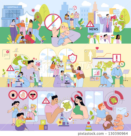 Vector illustration depicting vaccine hesitancy, scientific research, and public awareness. Scenes show people in hospitals, scientists in labs, and vaccination concerns, reflecting societal reactions Vector illustration depicting vaccine hesitancy, scientific research, and public awareness. Scenes show people in hospitals, scientists in labs, and vaccination concerns, reflecting societal reactions 130390964