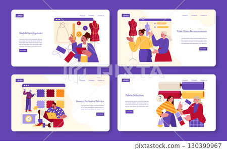Fashion design process vector illustration set showing sketch development, client measurement taking, fabric sourcing, and selection. Ideal for fashion and design themes. 130390967