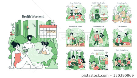 Vector illustration depicting various relaxing activities for a health weekend, including yoga, spa, meditation, and forest walks. People engage in wellness-focused practices outdoors. Vector illustration depicting various relaxing activities for a health weekend, including yoga, spa, meditation, and forest walks. People engage in wellness-focused practices outdoors. 130390969